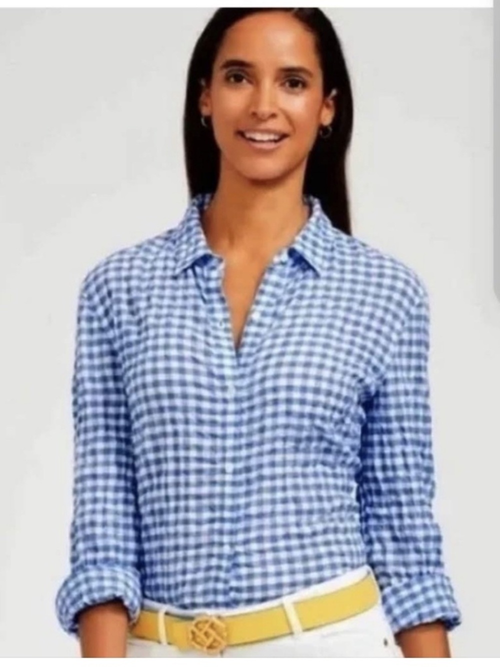 J. McLaughlin Royal Blue & White Gingham Crinkle Stretch Top XS